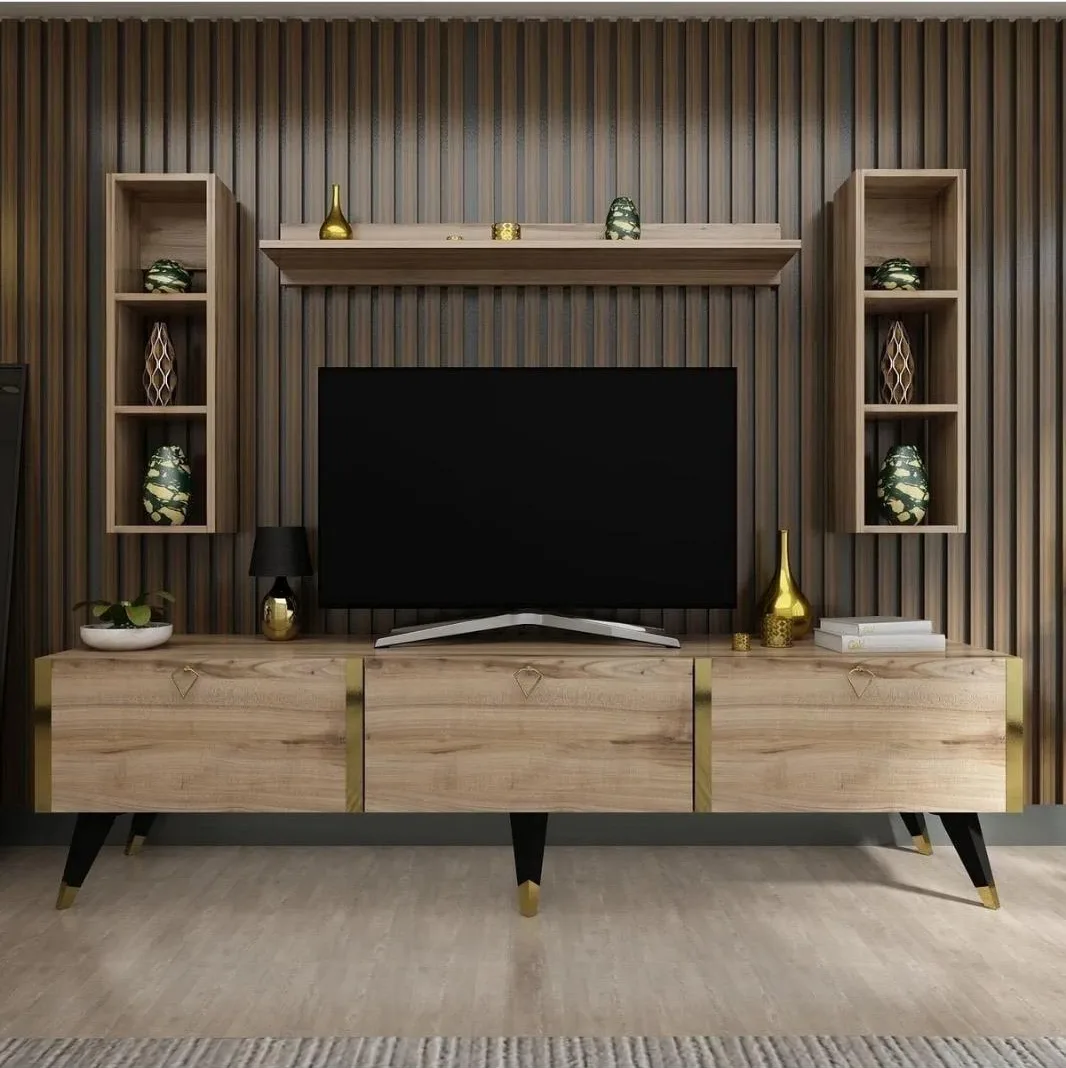Lata panelli salon duvarı ve askılı TV konsolu