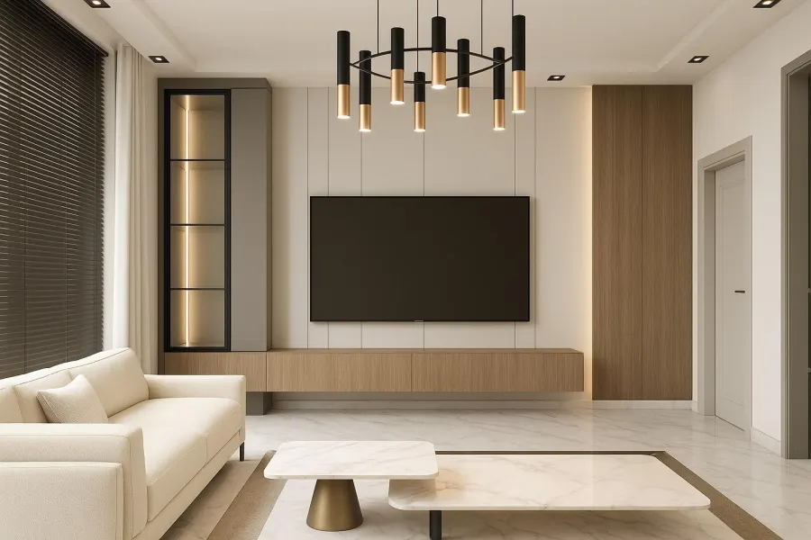 TV duvarı, oturma grubu ve aydınlatmasıyla bütün salon kurgusu